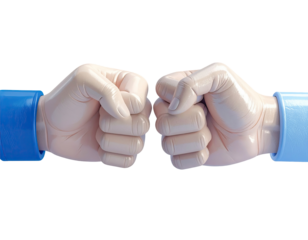 Two cartoon fists, light beige, clasped, light blue sleeves