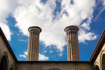 13 July 2025 Erzurum Turkey. Double Minaret Madrasah and Museum in Erzurum Turkey with artchitectural details and old artifacts museum