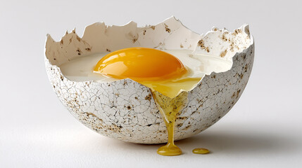 Broken Egg: A striking still life of a broken egg, its vibrant yellow yolk spilling over the fractured shell, a testament to simple beauty and the cycle of life.