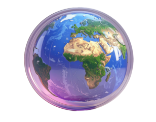 Earth globe within a transparent,  purple-tinted sphere