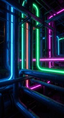 Obraz premium Complex system of pipes with glowing neon lights, symbolizing industrial gasification and energy transport at night.