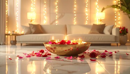 Luxury Living Room with Festive Diyas during Deepawali Festival in India