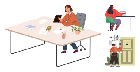 Team using devices for work and secure access. Includes a desk setup, tablet, laptop, and door with a lock. Ideal for teamwork, remote work, security, tech office culture productivity simple flat