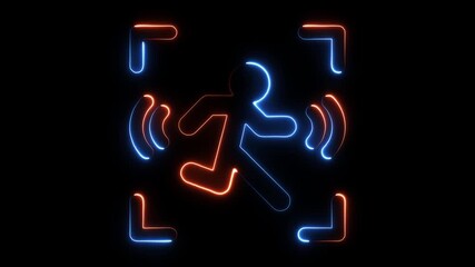 Neon running man figure illuminated with blue and orange light trails surrounded by corner brackets and sound wave - Powered by Adobe