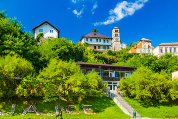 Panoramic view of the old town of Jajce, church tower of St Luke and fortress, Bosnia and Herzegovina 
