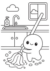 coloring book  playful mop splashing in a puddle by the sink, soaking up water during tidy-up time.