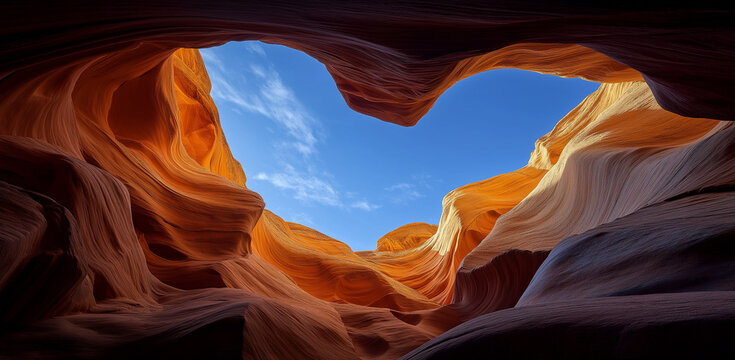 A wide-angle photo of the interior of Antelope Canyon, with a blue sky and warm sunlight shining through the sandstone rock formations