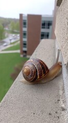 A snail climbs along a concrete ledge, with a blurred building and green grass in the background on a cloudy day