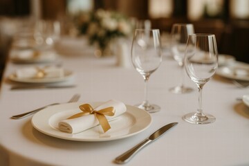 Fototapeta premium Elegant Table Setting with White Tablecloth, Champagnes Glasses, and Decorated Plates Showcasing a Sophisticated Dining Experience