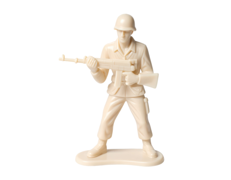 Cream-colored toy soldier figure holding rifle, ready stance