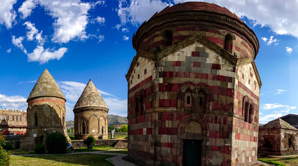 13 July 2025 Erzurum Turkey. Three tombs historical artifacts from Saltuk Era in Erzurum city center.