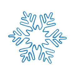 Blue snowflake drawn with watercolor pencil isolated on white background. Winter Christmas decor element.
