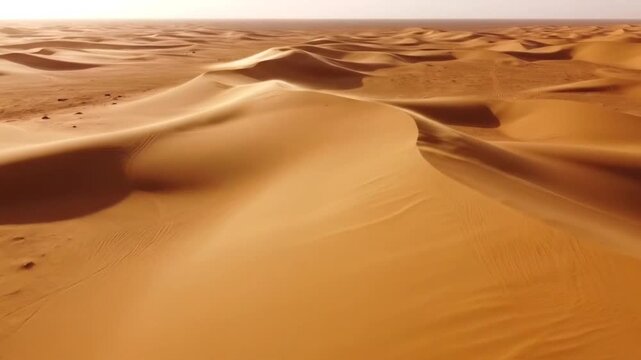 Golden sand dunes sculpted by wind under a warm, hazy sun, showcasing the vastness and beauty of a desert landscape with subtle footprints