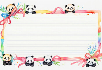 Obraz premium A writing frame made of multicolored ribbons and pandas on lined paper