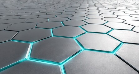 A technologically advanced design displays a patterned floor of interlocking hexagonal shapes, highlighted by vibrant turquoise lines.