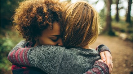 Two friends hugging natural daylight friendship love