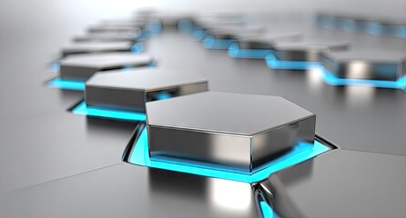 Close-up view of a technologically advanced, metallic hexagonal pattern, highlighted with bright blue accents.