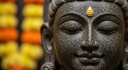 Serene stone sculpture of divine being adorned with gold marking