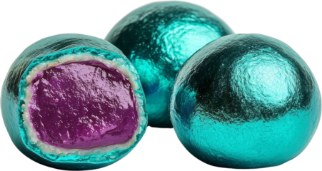Shiny turquoise candy metallic wrapper purple filling sweet treat glossy surface
