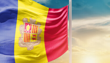 Andorra national flag waving in an amazing sunlight.