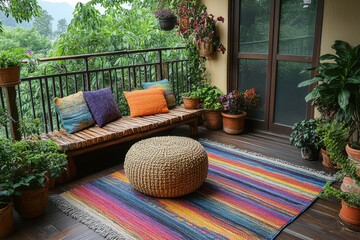 Colorful rug on balcony with potted plants.