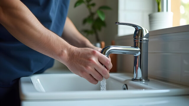 Hand of plumber handling basin faucet plumbing parts