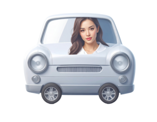 A light gray cartoon car with a woman driver