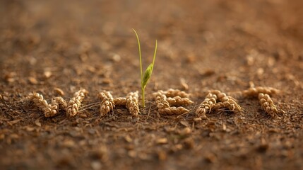 Fototapeta premium Growing green plant from wheat seeds in natural soil focused close-up view symbolizing life and growth
