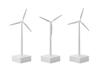 Three pristine miniature white wind turbine models, three blades, neat row on matte pedestals, 45-degree angle, transparent background, bright studio lighting. Technological elegance concept