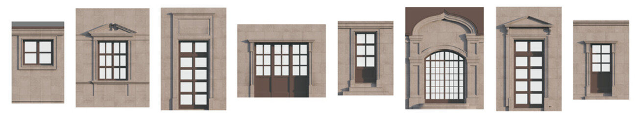 Neoclassical architectural kit: isolated facade elements for design projects. Isolated png on a transparent background premium cutout (Classical doors, window frames, balcony railings, columns & etc.)