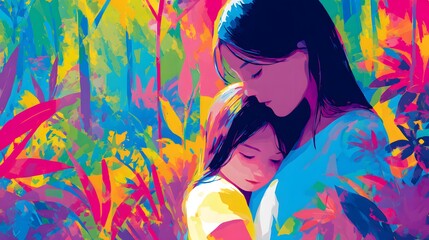 Fototapeta premium Vibrant and Intimate Vector Illustration of a Loving Mother Demonstrating Tender Care to Her Daughter in a Lush Park Setting