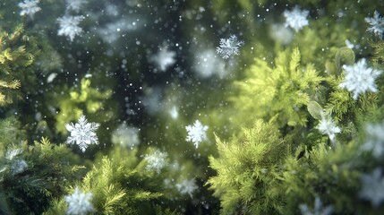 High-resolution illustration capturing the soft, ethereal interplay of snowflakes and moss in a tranquil winter forest setting with cinematic clarity and depth