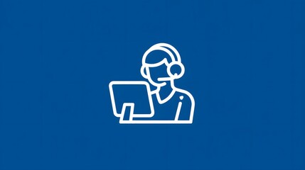 Sleek Professional Tech Support Icon of an Individual with Headphones Attending a Computer Screen Emphasizing Digital Communication and Reliability