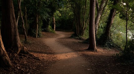 Fototapeta premium Tranquil woodland trail illuminated by warm dusk light with lush green trees and a meandering dirt path, evoking serenity and connection with nature for outdoor enthusiasts