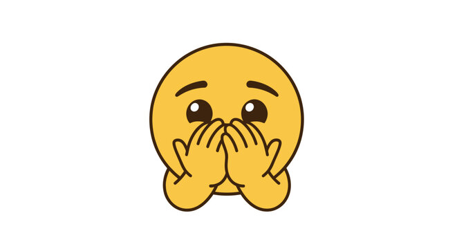 Cute yellow emoji with large, pleading eyes covering its mouth with hands in surprise.