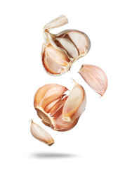 Garlic unfolds in the air close-up on a white background