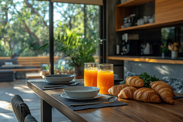Plate of food and glass of orange juice on a table.