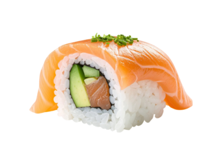 Close-up of a salmon sushi roll with avocado