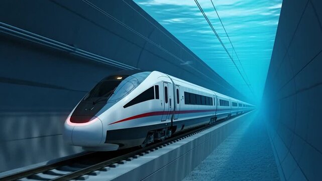 Futuristic high-speed train traveling through a transparent underwater tunnel transportation concept