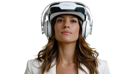 Virtual Reality Device User: A woman immersed in a virtual world, showcasing a futuristic VR headset, blending technology with lifestyle.