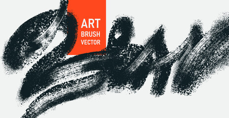 Fototapeta na wymiar Grainy textured black grunge brush stroke with spray effect. Art bold vintage zigzag line, rough distressed hand drawn banner, thick painted texture background. Isolated vector artistic bold strokes.