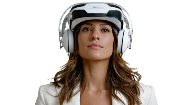 Virtual Reality Device User: A woman immersed in a virtual world, showcasing a futuristic VR headset, blending technology with lifestyle.