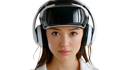 Enigmatic Gaze: A woman wearing a stylish headset gazes intently towards the camera, her expression hinting at the captivating world of virtual reality and advanced technology.