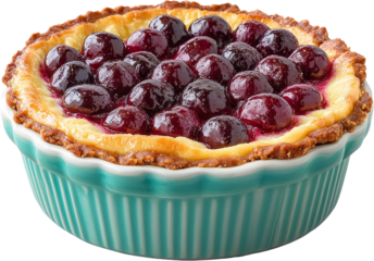 Cherry tart creamy custard golden crust teal dish rustic dessert, mouthwatering and cozy