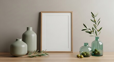 Minimalist Home Decor with Frame and Vases.