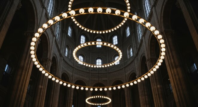 Grand circular chandeliers in historic church interior with arched windows