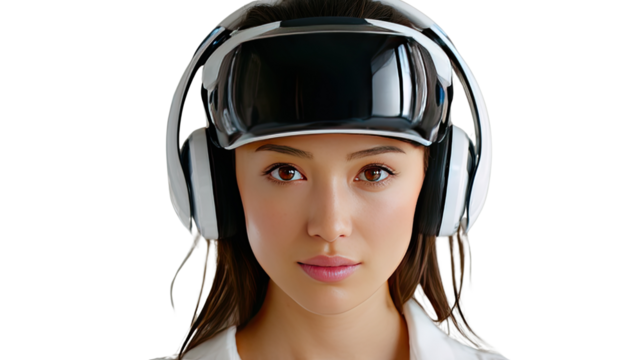 Enigmatic Gaze: A woman wearing a stylish headset gazes intently towards the camera, her expression hinting at the captivating world of virtual reality and advanced technology.