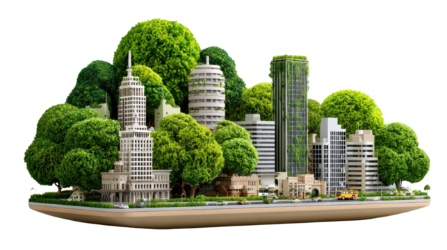 Green City: A meticulously crafted 3D model showcases a thriving metropolis seamlessly integrated with lush greenery and sustainable architectural, harmonizing urban life with nature.