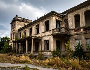 Obraz premium Abandoned mansion under a cloudy sky