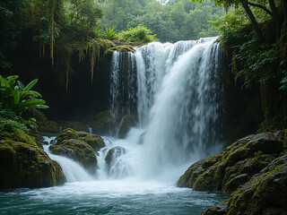 Fototapeta premium Waterfall over mossy rocks in jungle